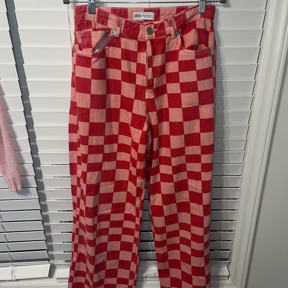 Zara Red and Pink Plaid Jeans